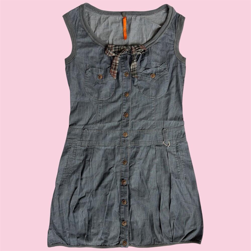 Y2K vintage Cop Copine 2000s gray cotton mini dress with plaid bow detail
